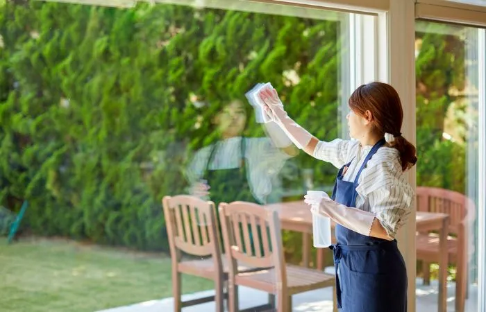 La pulizia di una grande vetrata